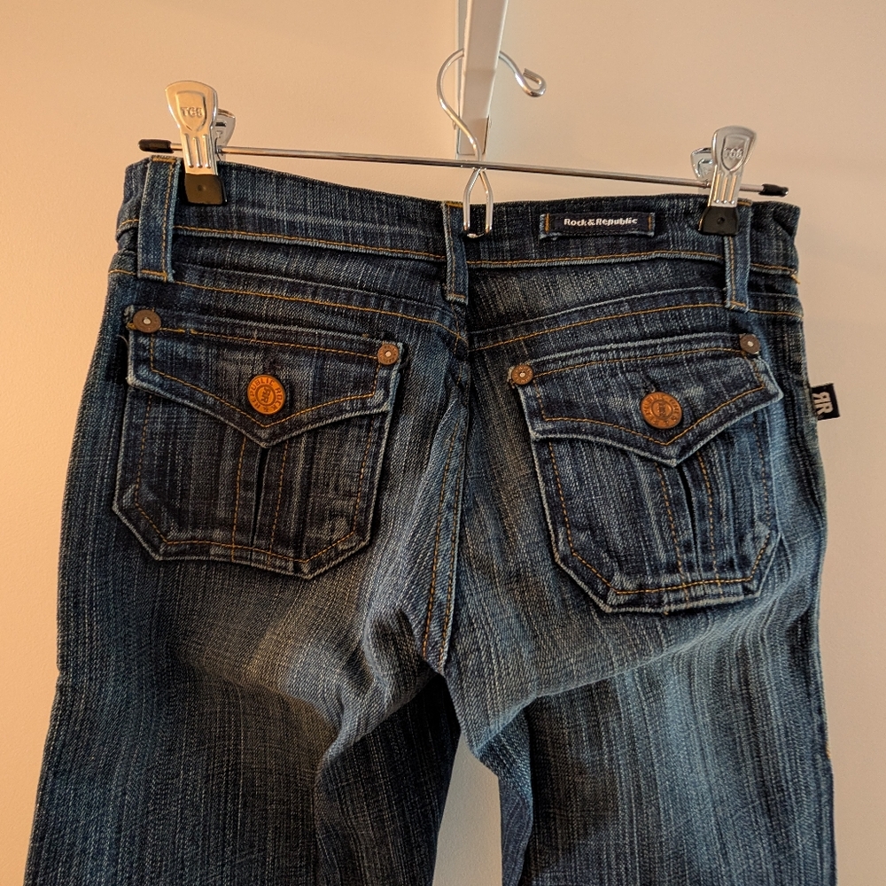 Rock & Republic Women's Y2K 2000s Low Rise Dark Blue Flare Jeans Size 25 - Picture 4 of 6